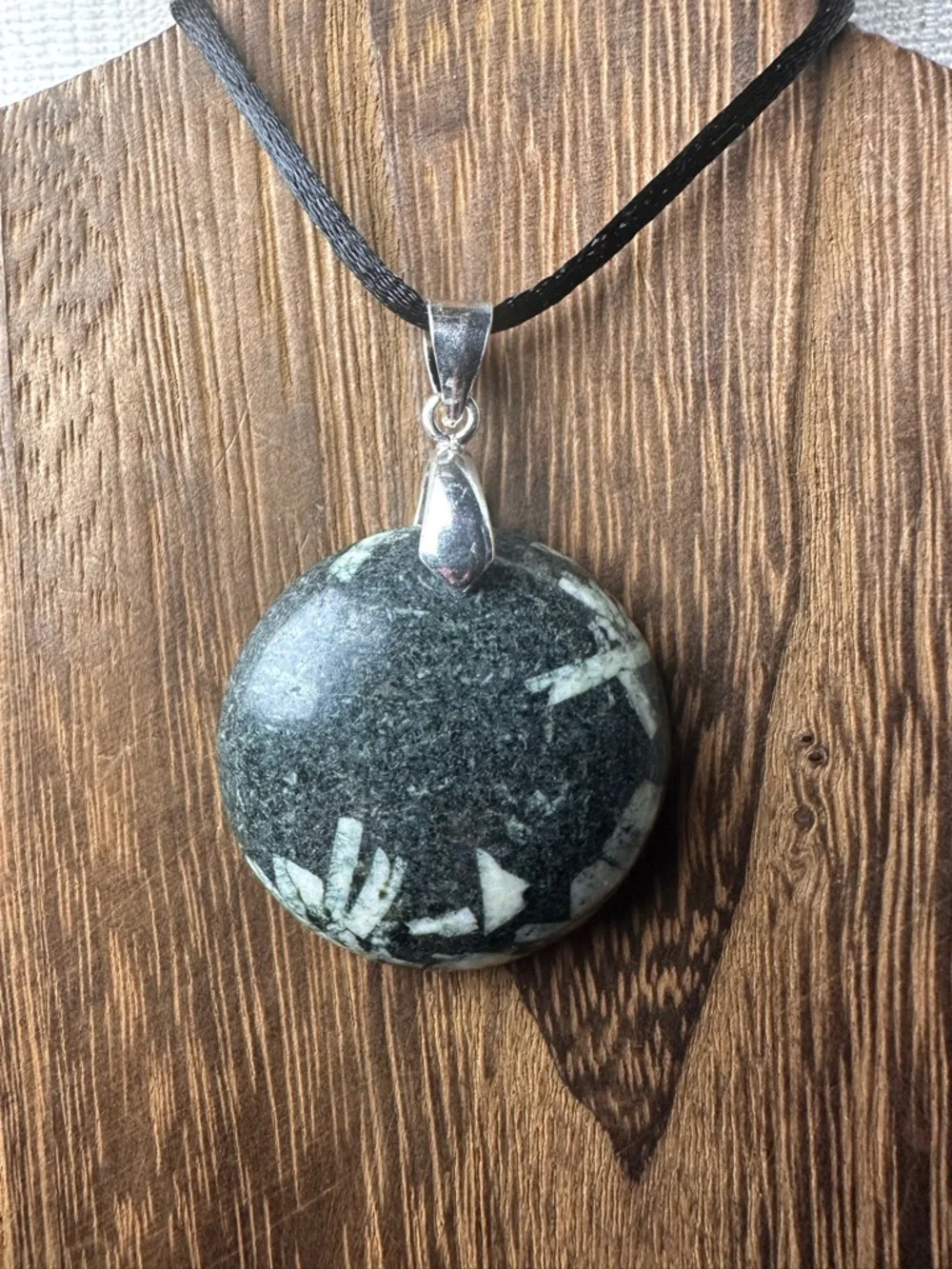 Round Chinese Writing Stone Pendant Necklace on Black Rope, Sterling Silver